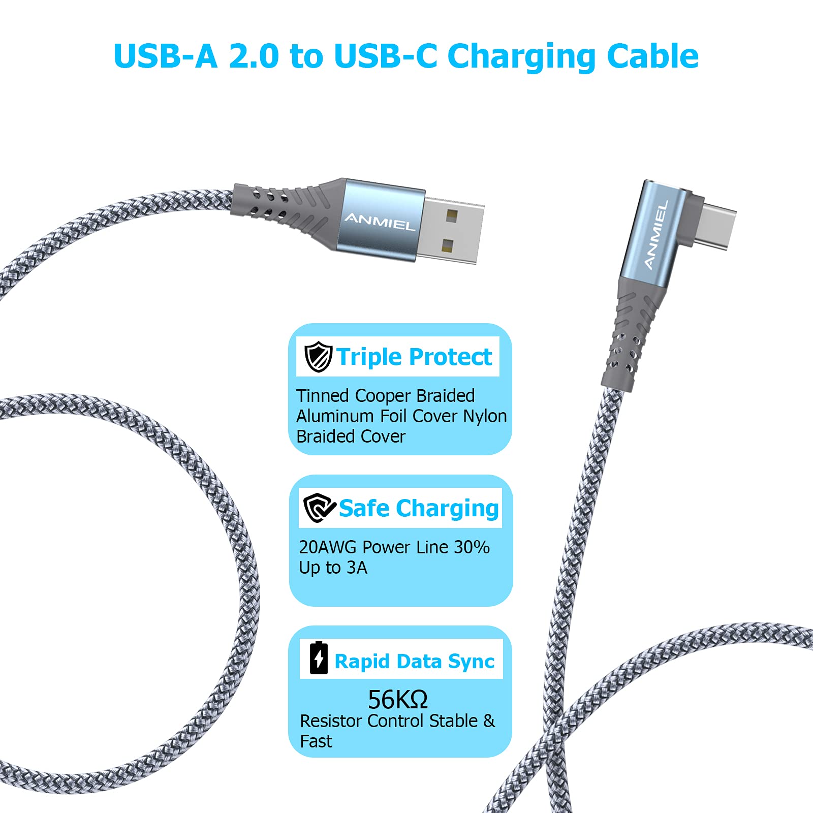 3M Right Angle USB A 2.0 to USB C Cable - Nylon Braided Fast Charging Cord for Samsung Galaxy S21/S20/S10/S9/S8, LG, Moto, Pixel & More - Durable Charger for Phones, Tablets & Cameras | Perfect for Home, Office & Travel Use