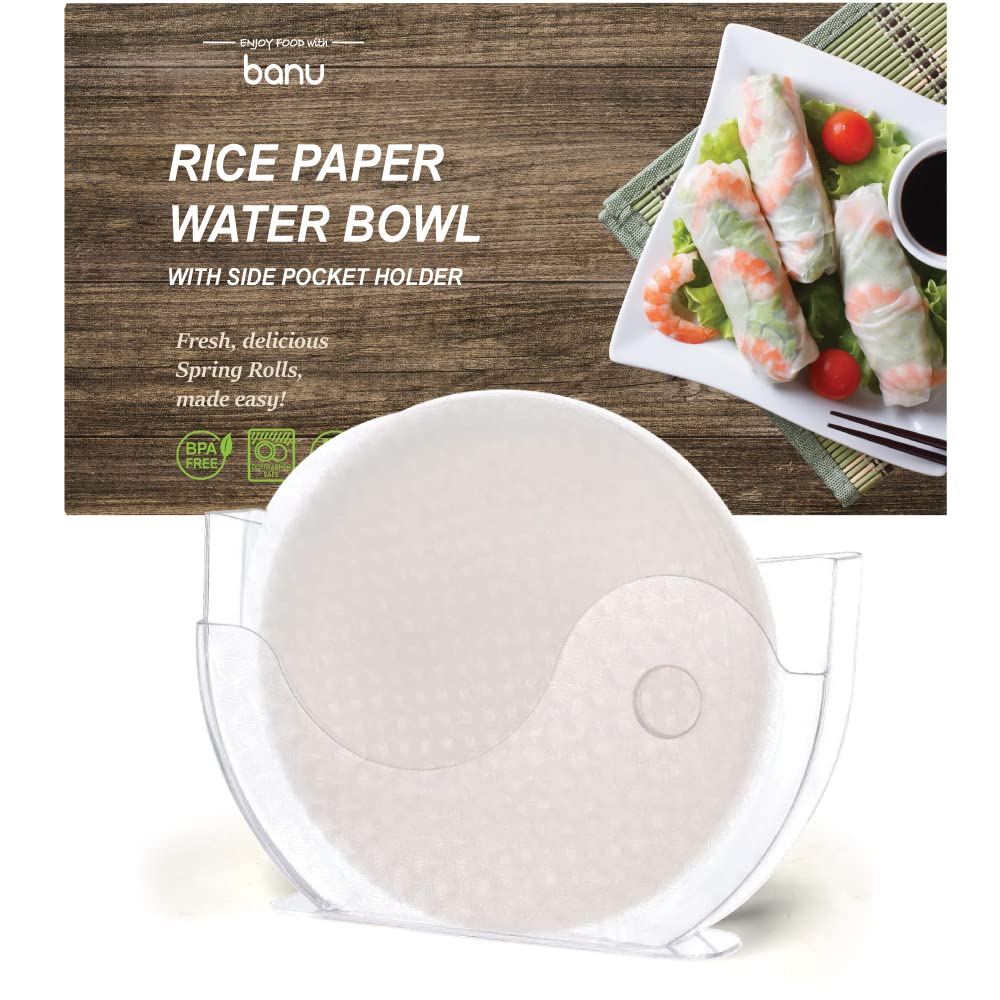 BANU Rice Paper Water Bowl with Side Pocket Holder for Spring Rolls & Summer Rolls | Banh Trang Holder | Perfect for Vietnamese Cuisine & DIY Wraps at Home