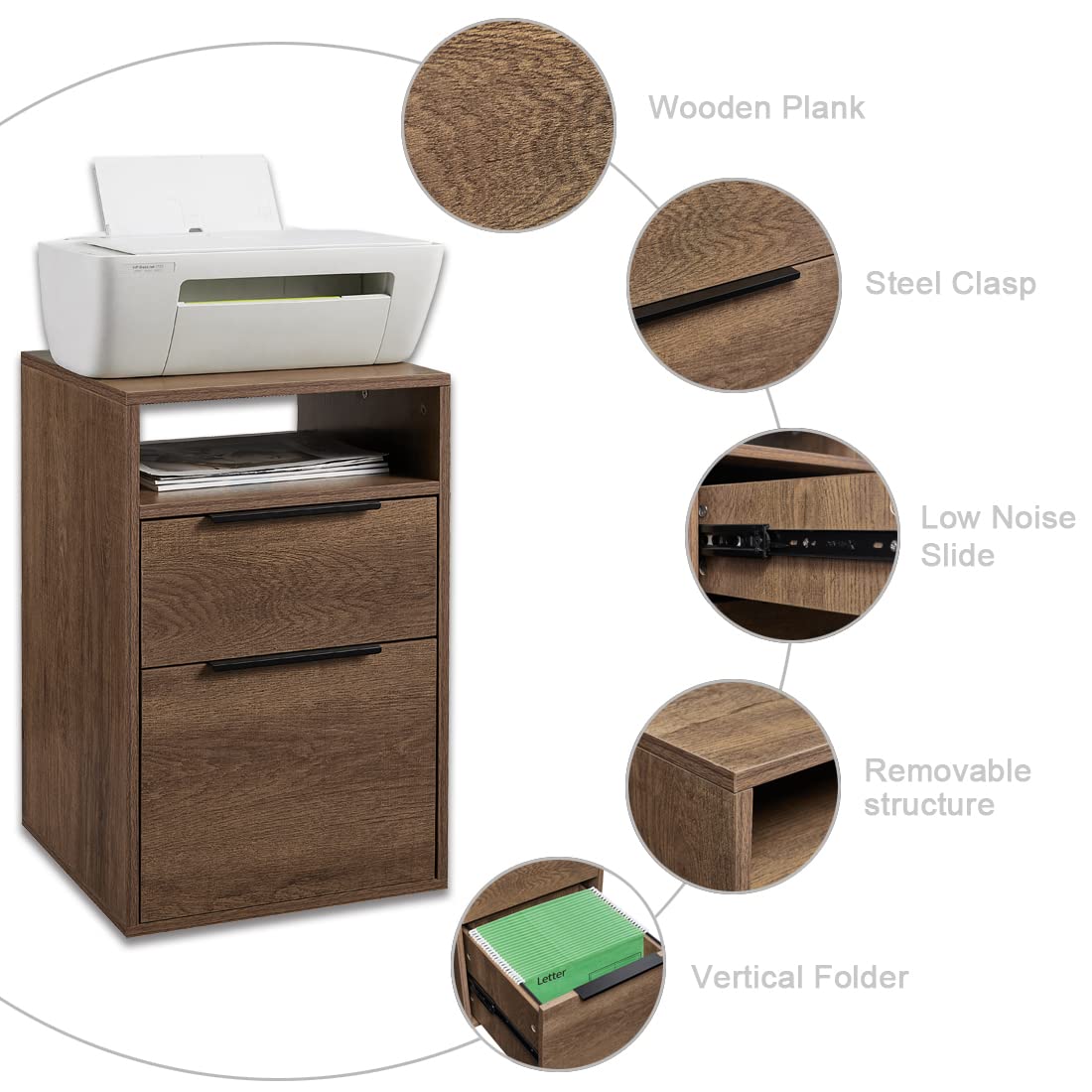 KINYING 2-Drawer File Bookcase Cabinet - Brown Wooden Storage Organizer for Office, Home & Study Room