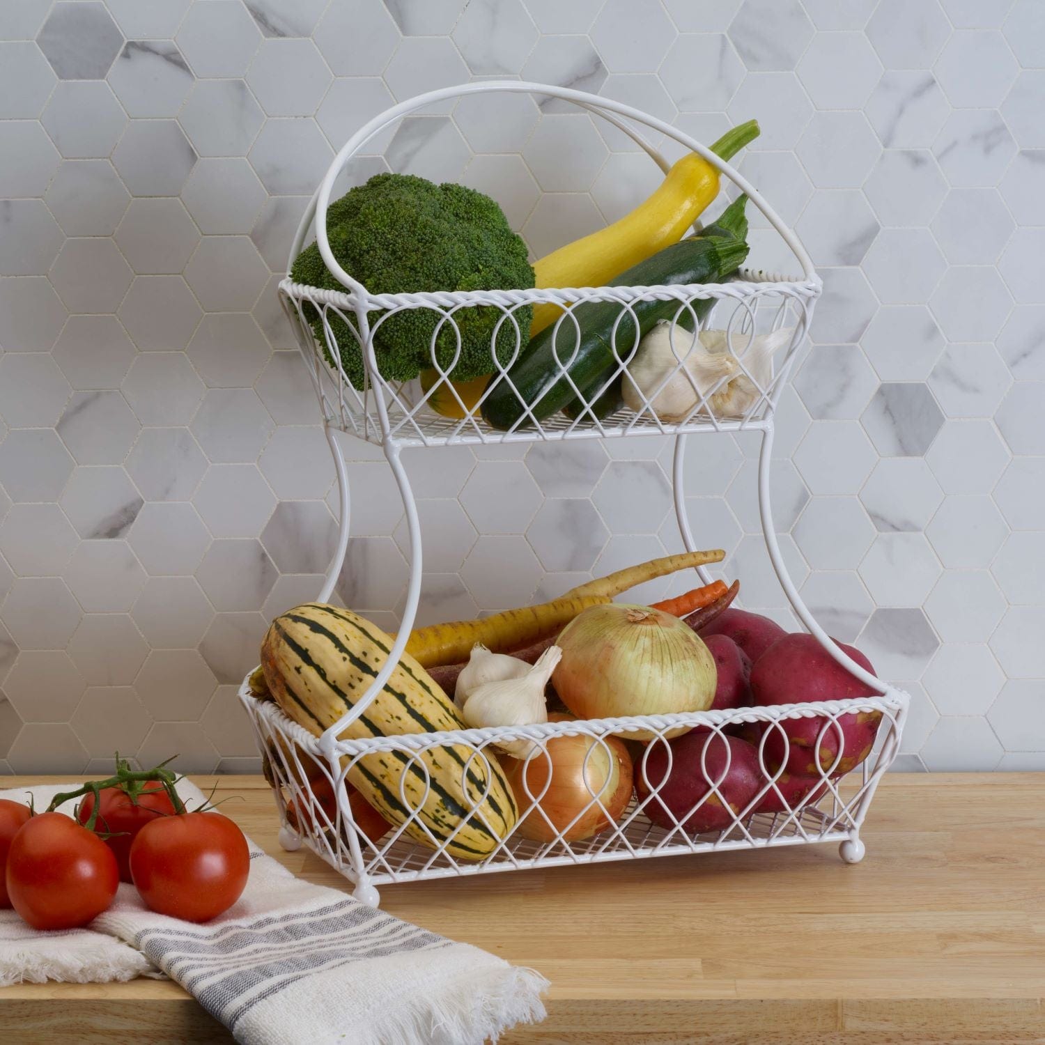 Loop and Lattice 2-Tier White Flatback Storage Basket - Organize Bathroom, Kitchen, or Office Supplies | Space-Saving Home Decor