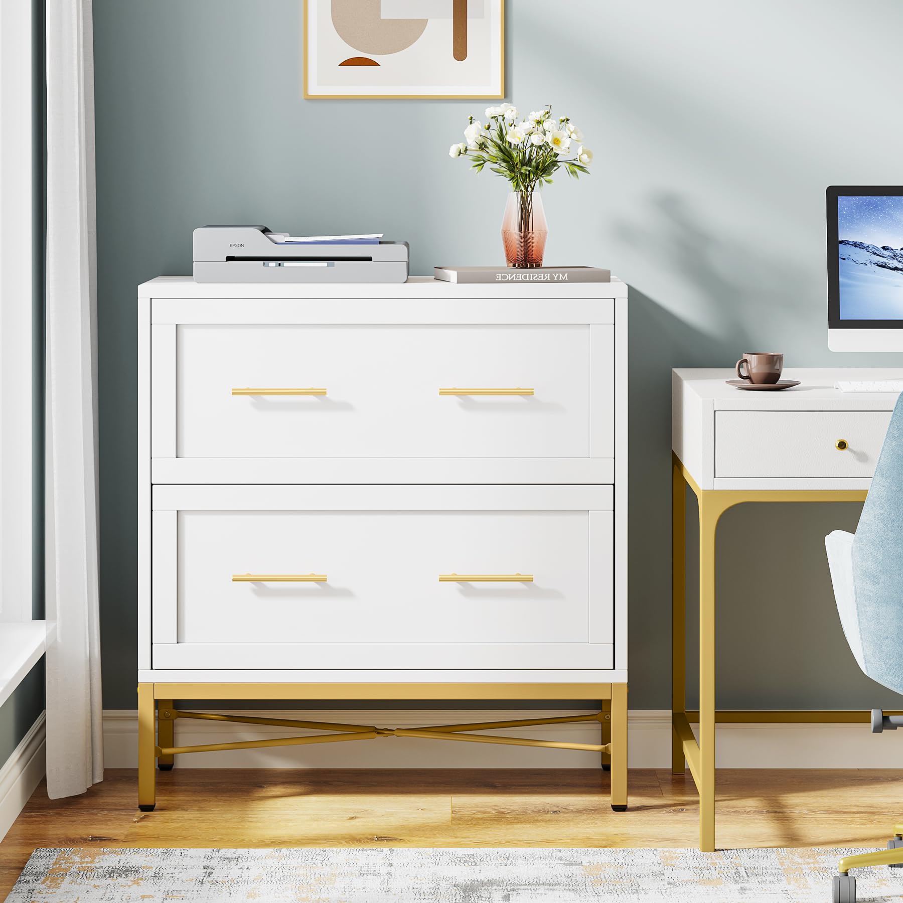 Tribesigns 2-Drawer White & Gold File Cabinet - Modern Lateral Filing Cabinet for Letter/Legal/A4 Documents - Wood Storage Cabinet with Printer Stand for Home & Office - Perfect for Organizing Files, Office Supplies & Workspace Essentials