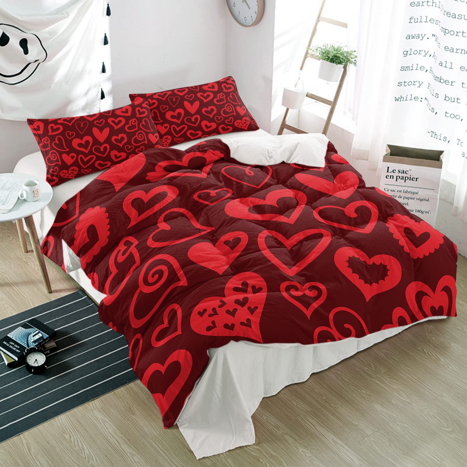 3 Pieces Valentine's Day Red Love Heart Duvet Cover Set - Cal King Size Luxury Soft Microfiber Quilt Cover with Pillowcases, Romantic Art Bedding for Couples - Perfect for Anniversary Gifts, Wedding Presents & Master Bedroom Decor