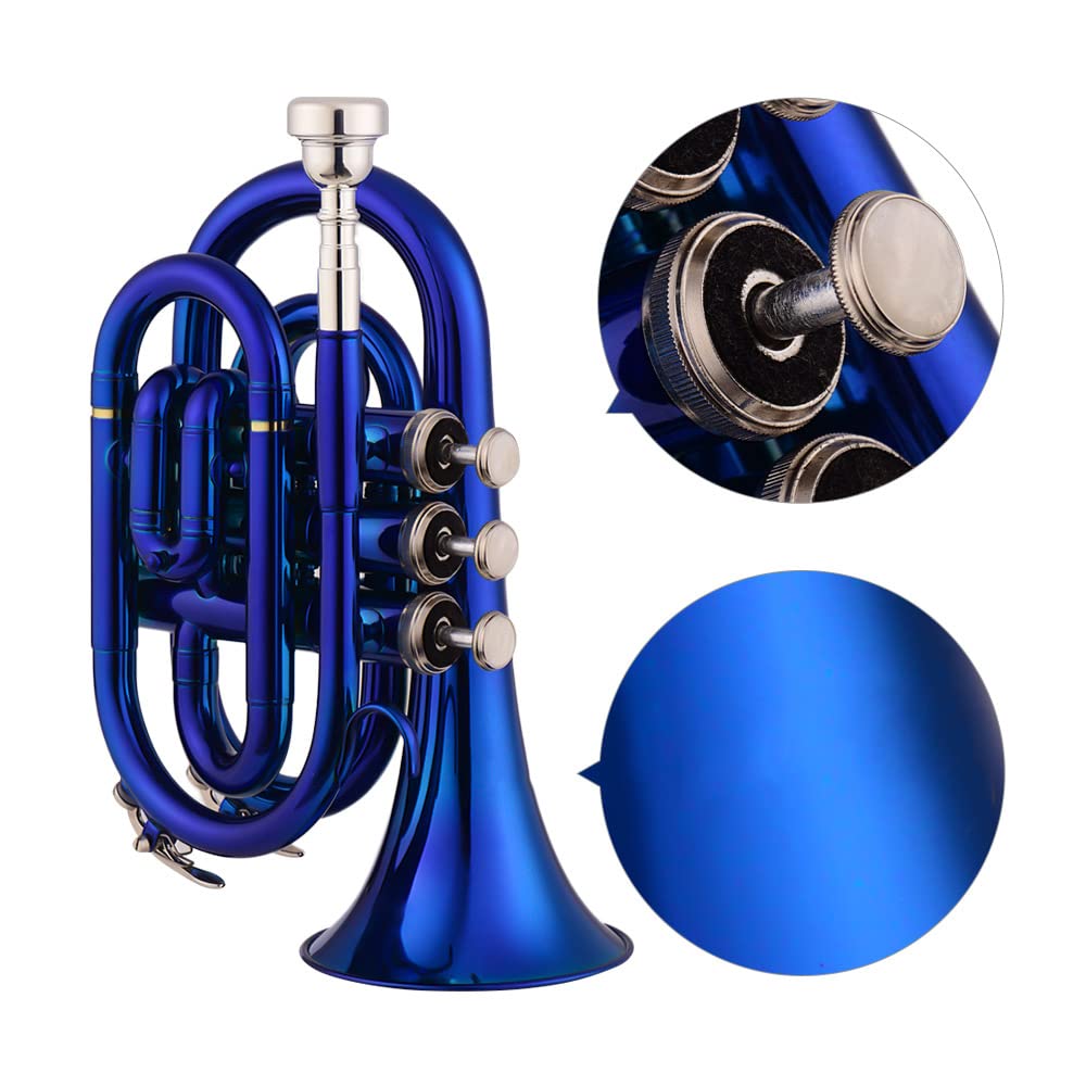 Portable Bb Pocket Trumpet - Compact Brass Wind Instrument with Mouthpiece, Gloves, Cleaning Cloth & Carrying Case | Perfect for Travel, Practice & Beginner Musicians