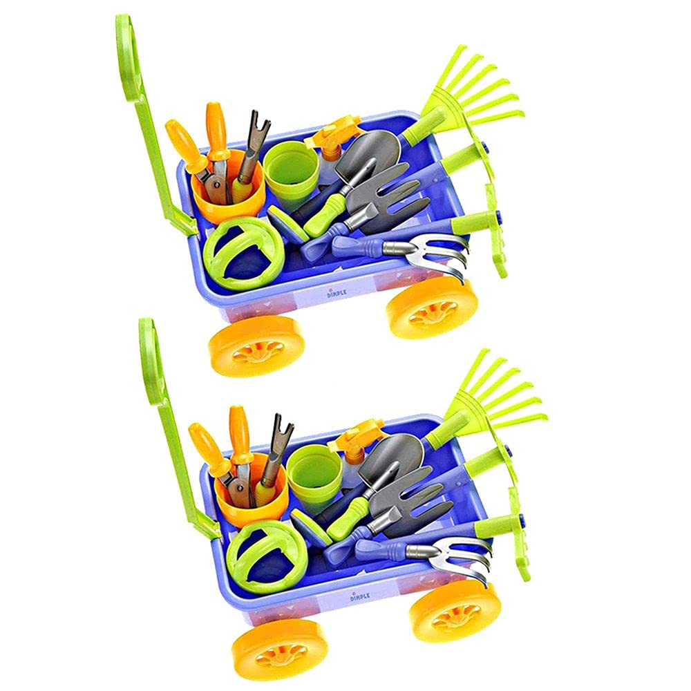 Premium 15-Piece Kids Gardening Toy Set with Wagon - Sturdy & Durable Outdoor Play Tools for Toddlers - Perfect for Yard, Beach, Sandbox & Garden Activities (Green, 2-Pack) - Ideal for Pretend Play, Outdoor Learning & Sensory Development