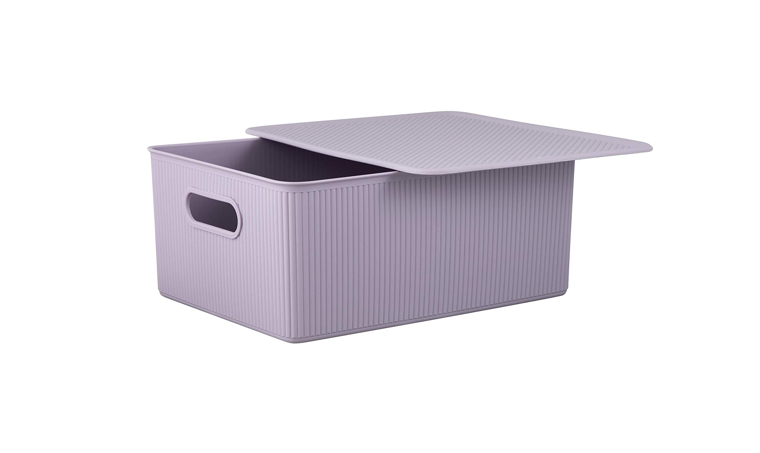 Superio Ribbed Collection - Decorative Plastic Lidded Storage Bins Organizer Baskets, Large Lilac Purple (1 Pack - 15L) Stackable Container Box for Closet, Shelf, Drawer Organization | Perfect for Bedroom, Bathroom, Kids Room & Office Storage Solutions