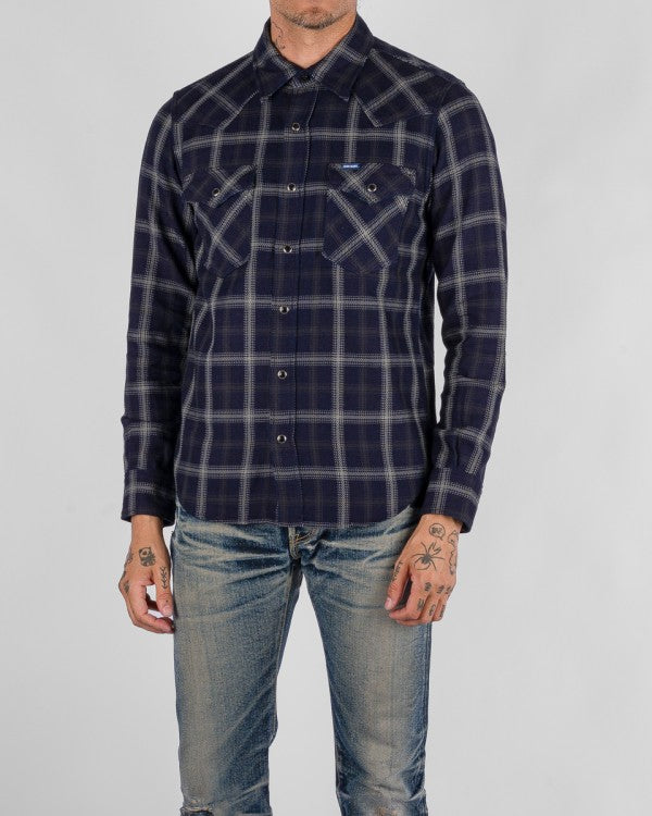 Iron Heart IHSH 411 9oz Selvedge Indigo Check Flannel Western Shirt for Men - Black Plaid Workwear Shirt for Casual & Outdoor Wear