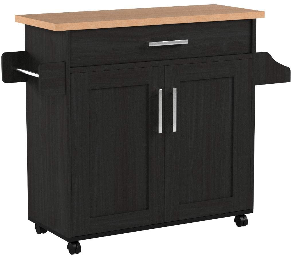 Hodedah Black Kitchen Island with Spice Rack, Towel Rack & Drawer - Beech Wood Countertop for Small Kitchen, Dining Room or Pantry Organization