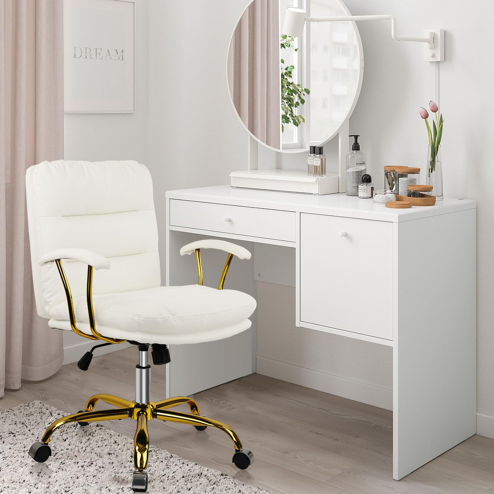 Ergonomic Office Desk Chair with Wheels & Adjustable Arms - Faux Leather Computer Chair for Home, Bedroom & Office - White Chair with Gold Casters (300lb Weight Capacity) - Perfect for Long Work Hours, Gaming & Study Sessions