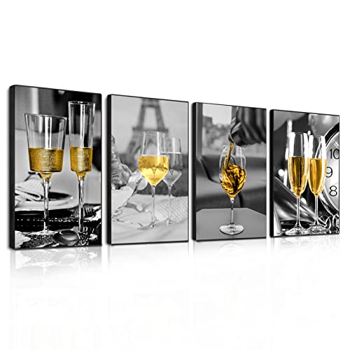 Modern Kitchen Wall Art Set - 4 Piece Aluminum Alloy Framed Canvas Wall Decor for Dining Room & Living Room | Wine Glasses Artwork for Home Decoration | Perfect for Housewarming Gifts & Restaurant Decor