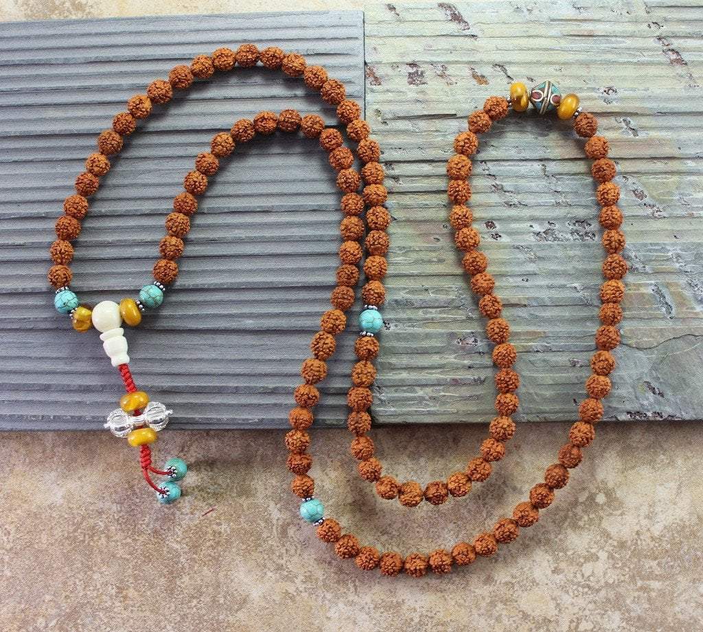 108 Bead Rudraksha & Vintage Beads Mala Necklace - Authentic Hindu Prayer Beads for Meditation, Yoga & Spiritual Healing