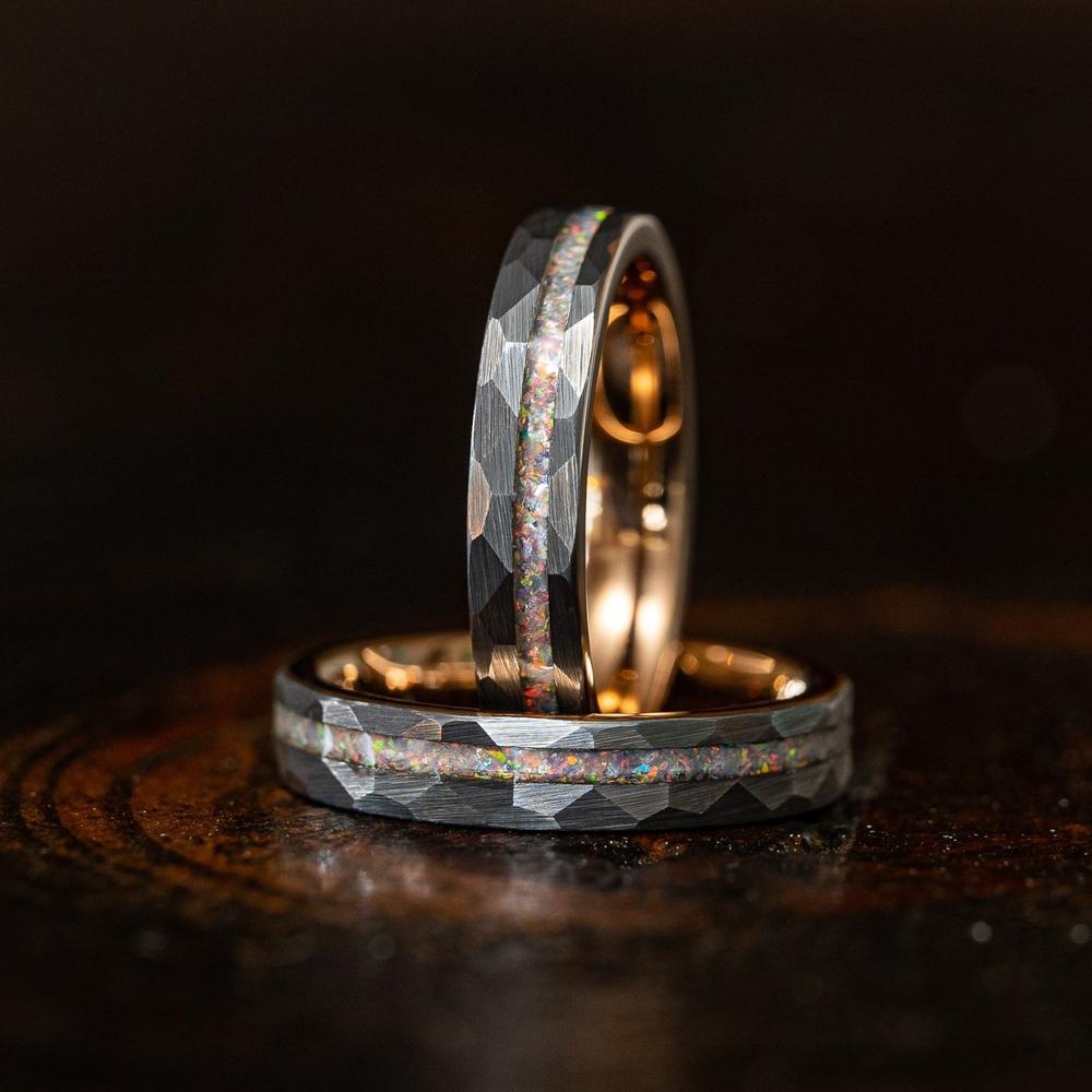 6mm Tungsten Steel Hammered Wedding Band for Men - Electric Rose Finish with Orbo Tungsten Gold Inlay - Perfect for Engagement, Anniversary & Formal Occasions