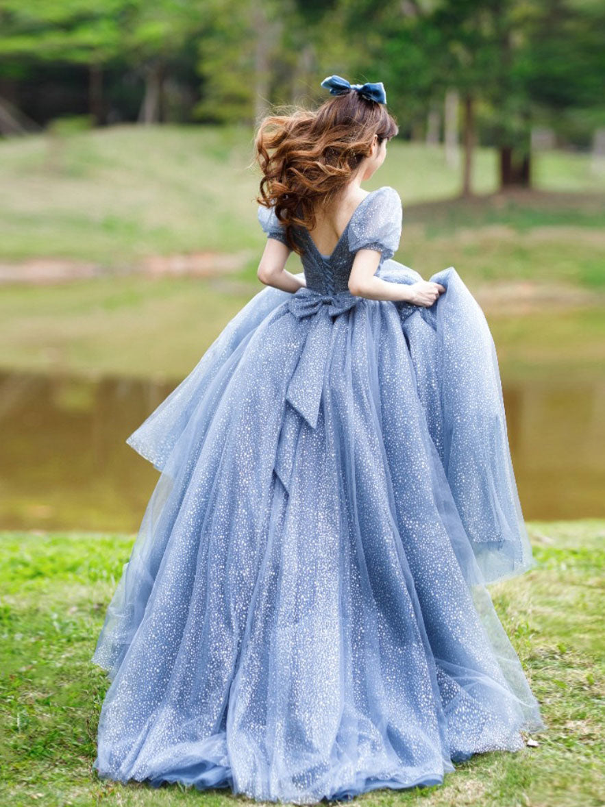 Elegant Blue Tulle V-Neck Long Prom Dress for Sweet 16 Party | Formal Evening Gown for Homecoming, Quinceañera & Special Occasions