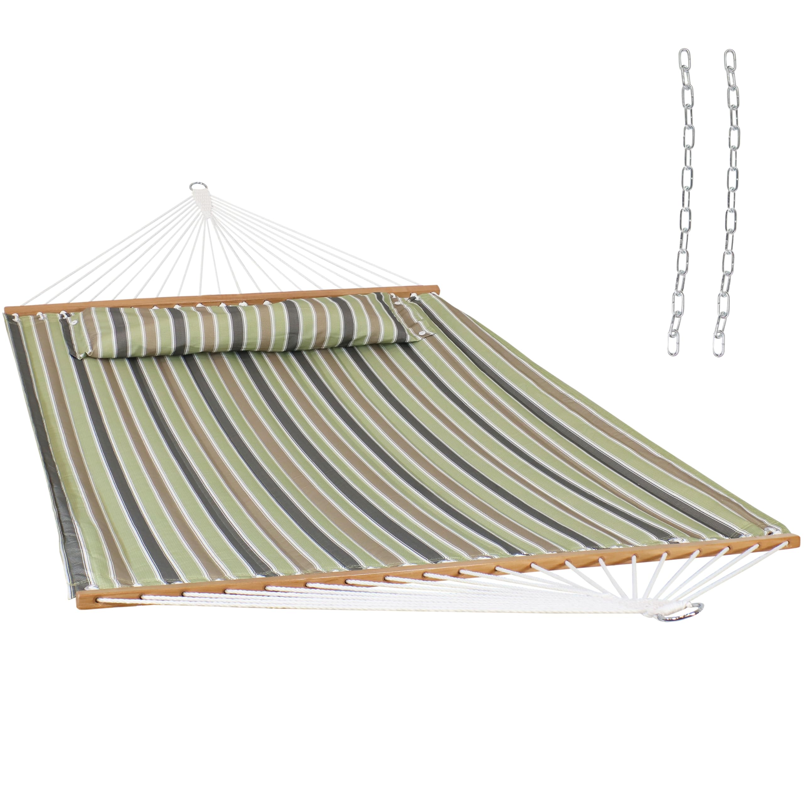 Sunnydaze Heavy-Duty 450lb Capacity Quilted Outdoor Hammock with Spreader Bars - Double Hammock for Patio, Backyard & Camping - Khaki Stripe Design