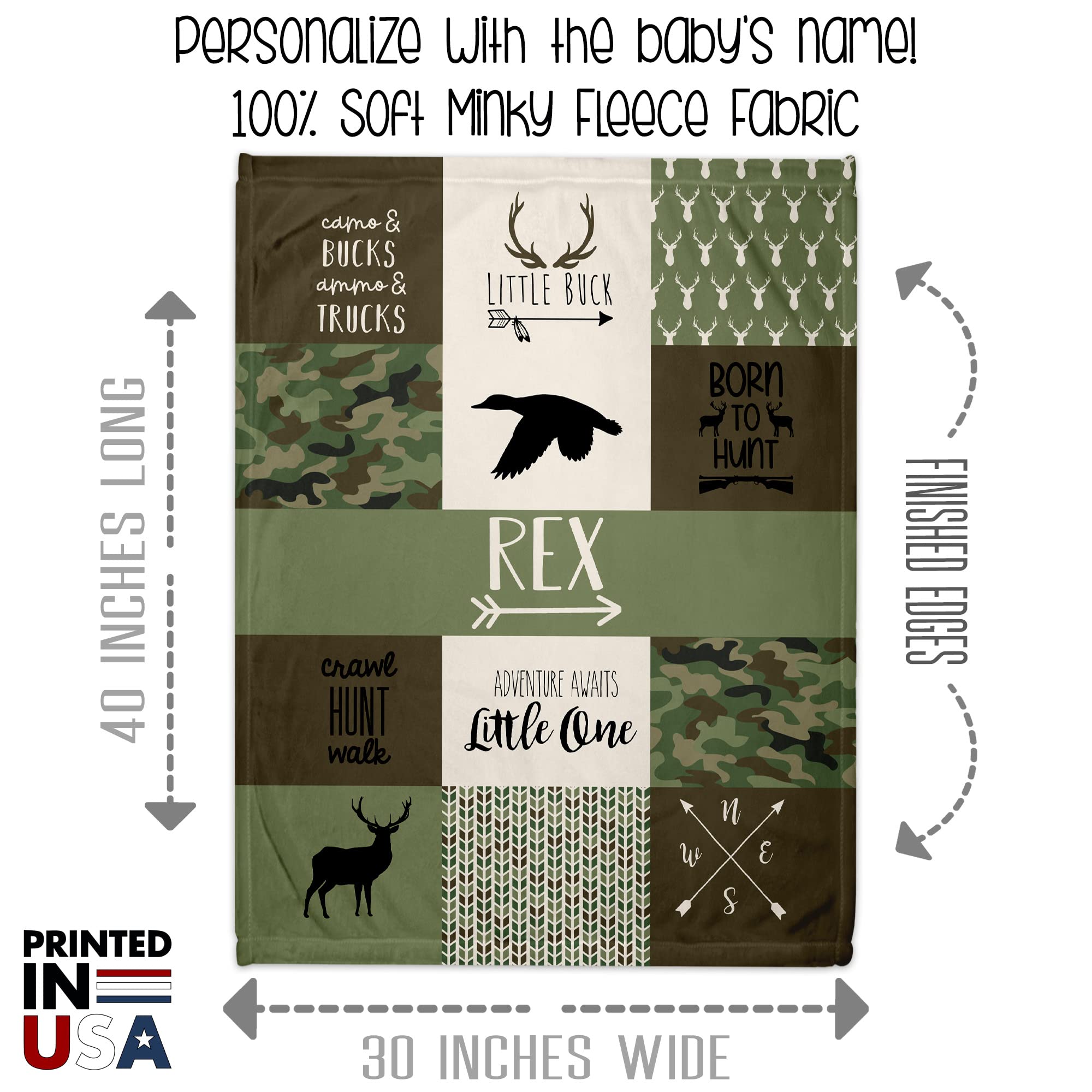 Personalized Camo Woodland Baby Blanket for Boys - Custom Printed in USA - Next Day Shipping - Unique Baby Boy Gift for Birthdays, Showers & Nursery Decor (Camo Woodland Design)