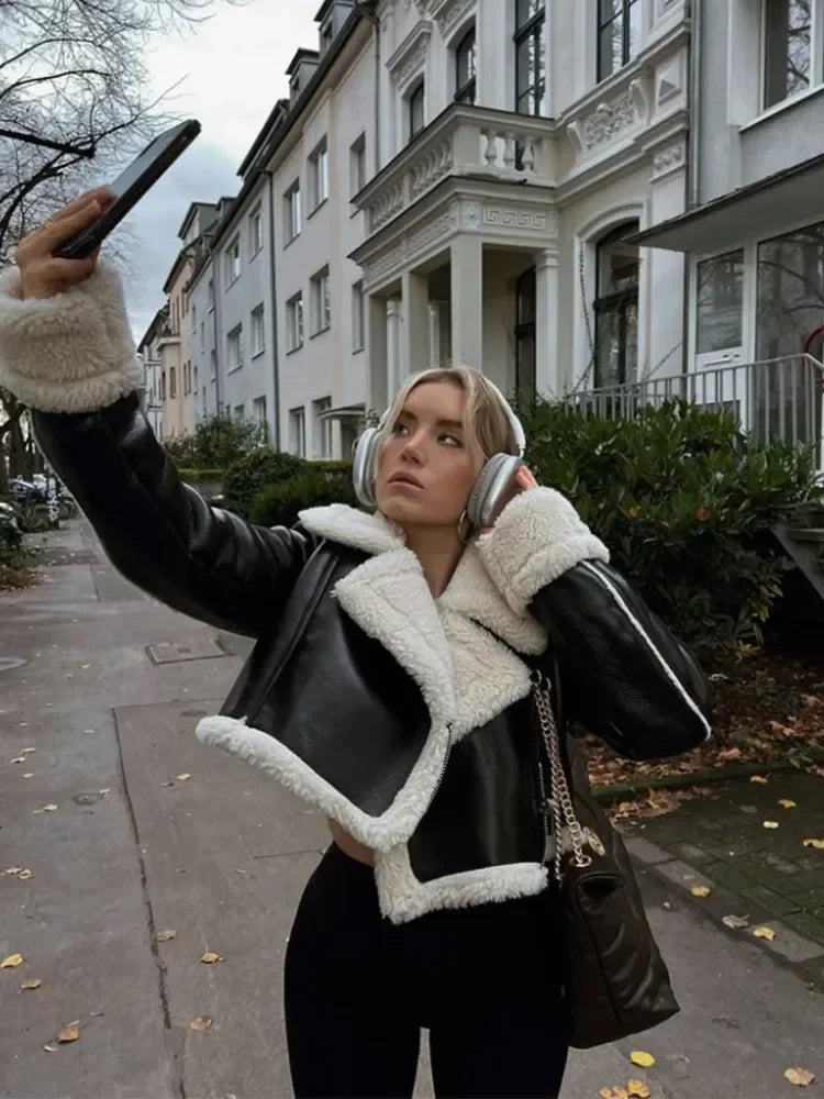 2023 Women's Faux Shearling Cropped Jacket - Vintage Long Sleeve Zip Front Coat, Warm Winter Outerwear for Women | Casual Street Style, Date Night, Office Wear