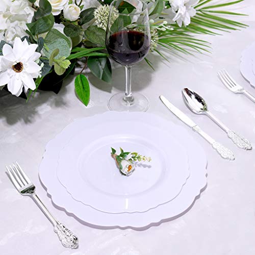 60 Pack White Plastic Plates 10.25 Inch - Elegant Baroque Disposable Dinner Plates for Wedding, Upscale Parties & Events - Perfect for Catering, Banquets and Formal Dining Occasions