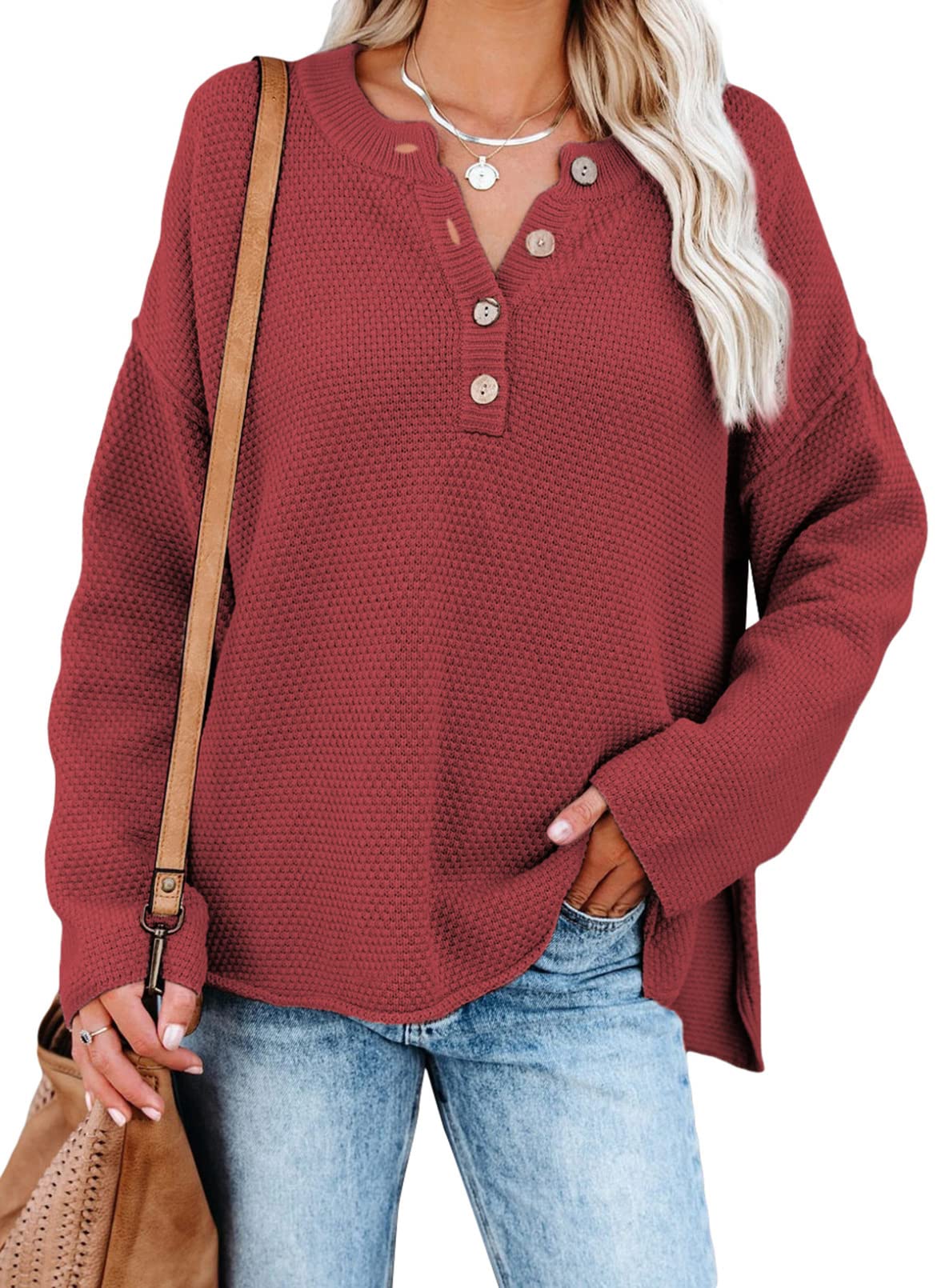 SHEWIN Women's Waffle Knit V-Neck Sweater Long Sleeve Button Henley Pullover Top - Casual Loungewear for Fall & Winter, Perfect for Office, Dates and Weekend Outings
