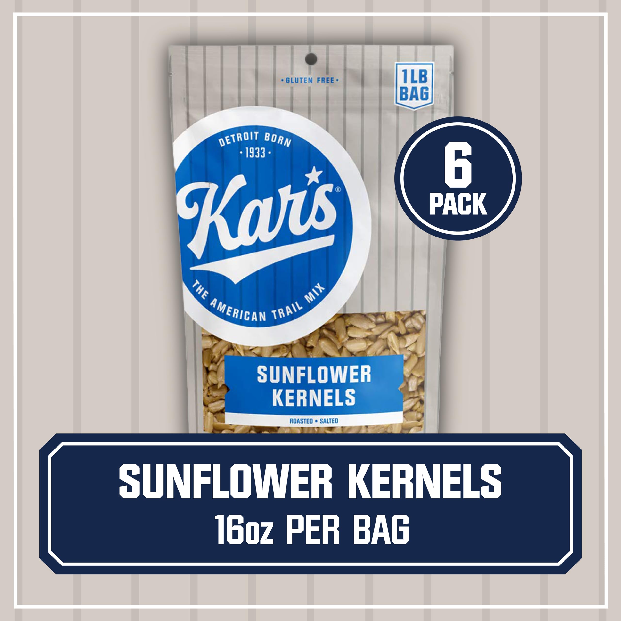 Kar's Nuts Sunflower Kernels - Roasted & Lightly Salted Healthy Snacks - 16oz Resealable Bag (6-Pack) - Perfect for Office, Hiking & Road Trips