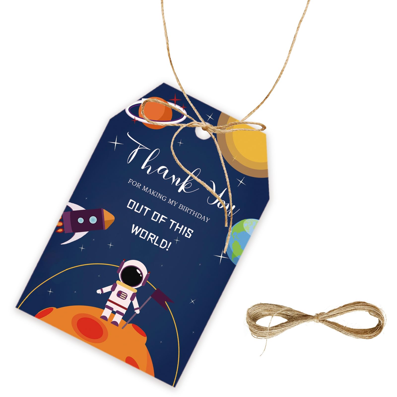 FORSHEEP 50pcs Outer Space Thank You Gift Tags with String - Rocket Ship Astronaut Planet Party Supplies - Space Themed Birthday Favors for Boys - Perfect for Kids Birthday Parties, Baby Showers & Space Theme Events