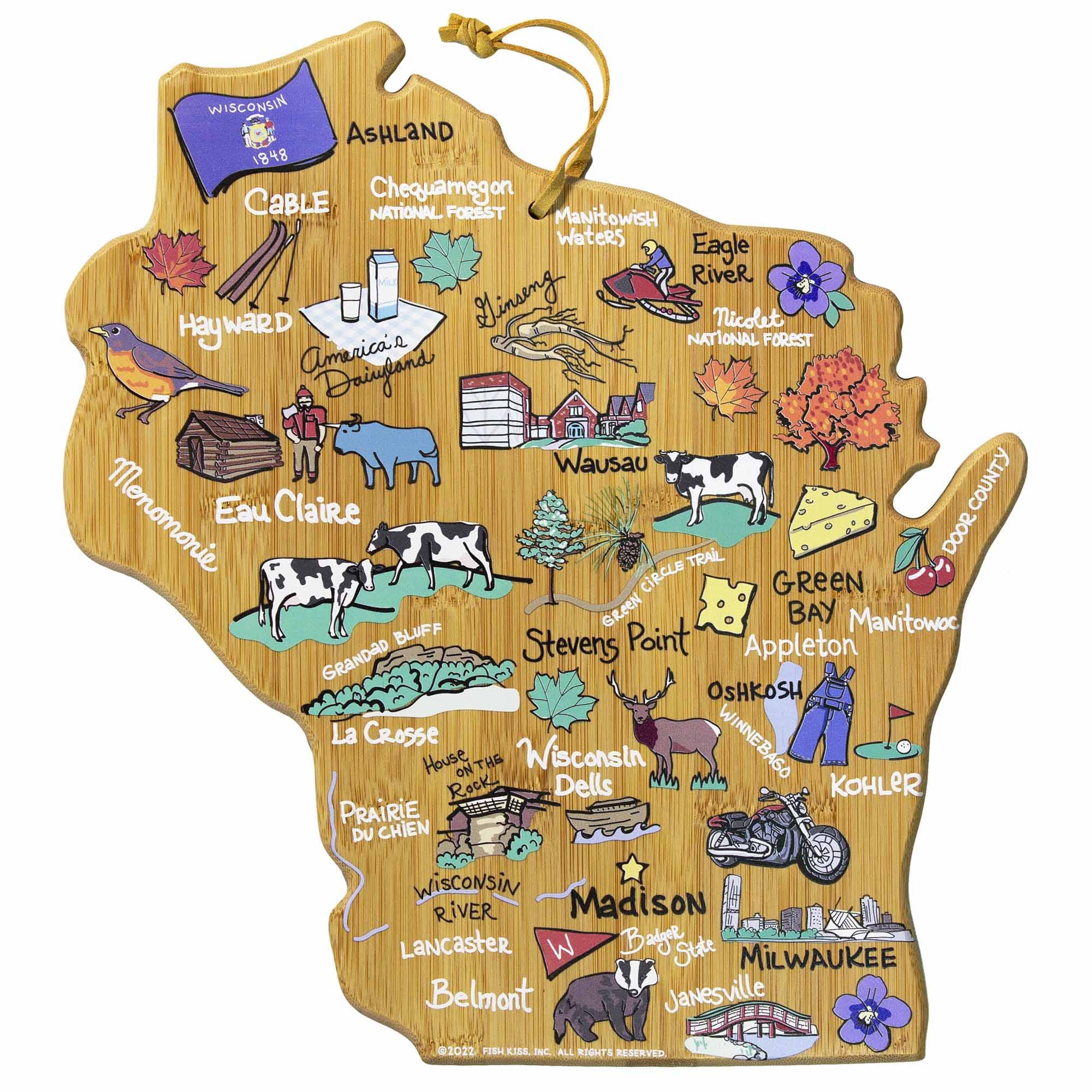 Premium Wisconsin Wooden Cutting Board with Fish Kiss™ Artwork - Durable & Stylish Kitchen Essential for Chopping, Serving & Home Decor