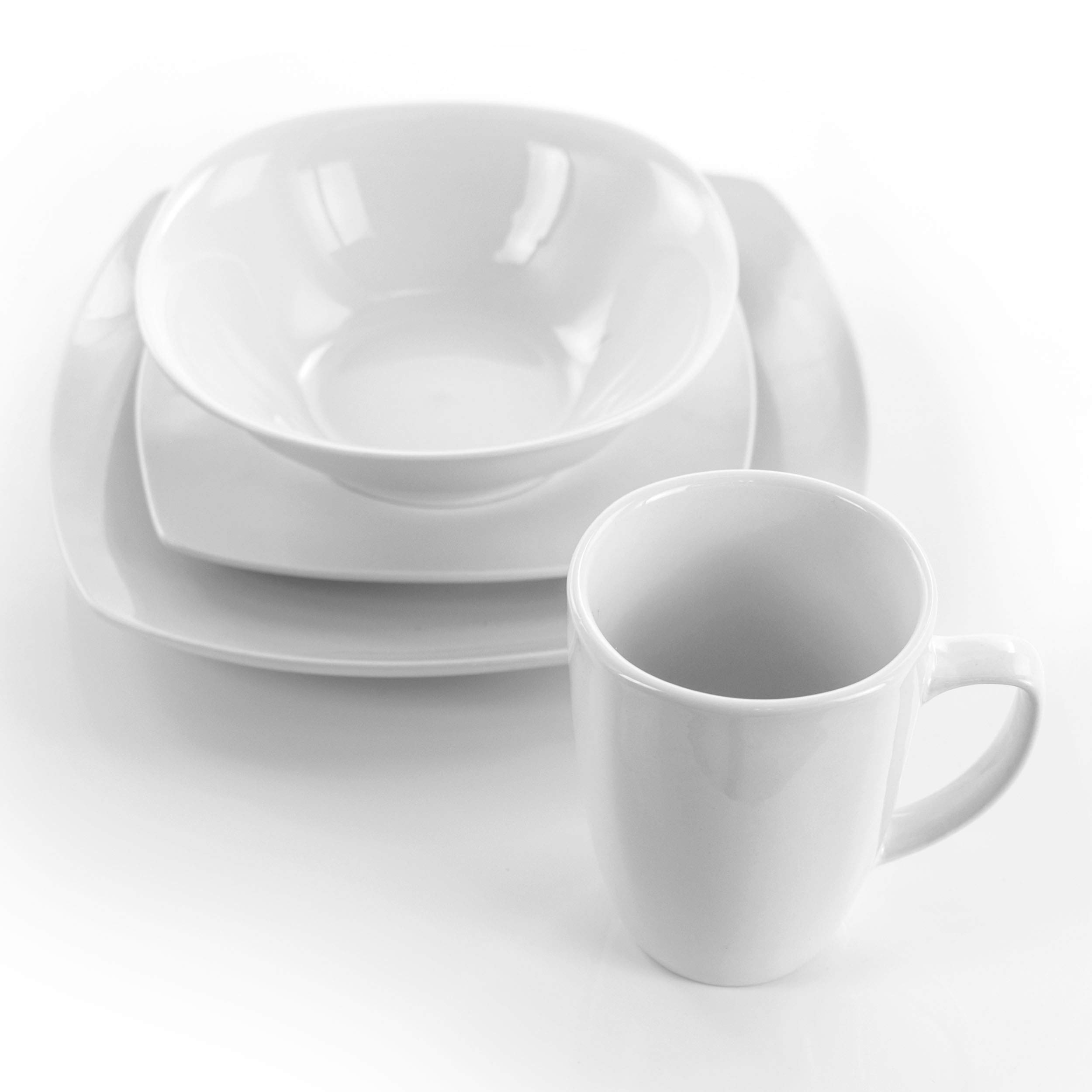 Elama 16-Piece Porcelain Dinnerware Set for 4 - Square White Plates, Bowls & Mugs - Elegant Dinnerware for Family Meals, Dinner Parties & Restaurant Use