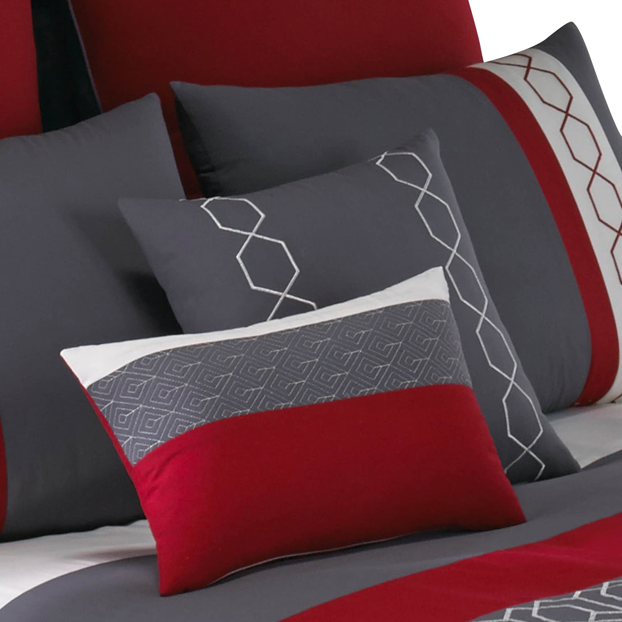 Benjara 8-Piece King Comforter Set - Printed Trellis Pattern in Red | Luxury Bedding for Master Bedroom & Guest Room Decor