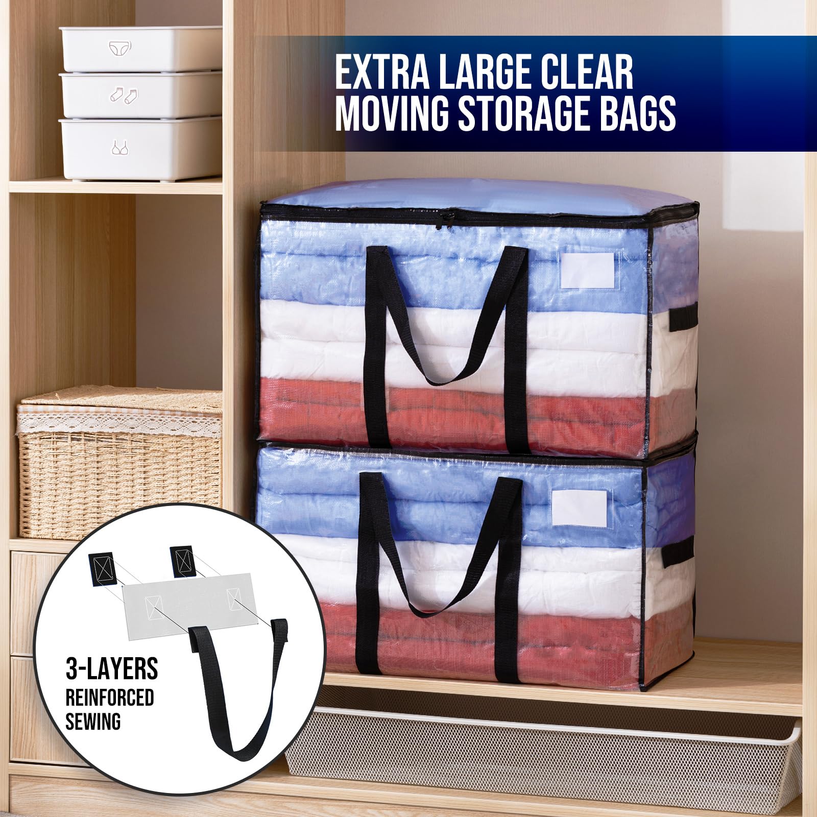 TAILI Extra Large Moving Bags - 8 Pack Clear Heavy Duty Storage Totes with Visible Window & Wrap Around Handles | Space Saving Alternative to Moving Boxes | Perfect for Home Organization, Moving Houses & Seasonal Storage