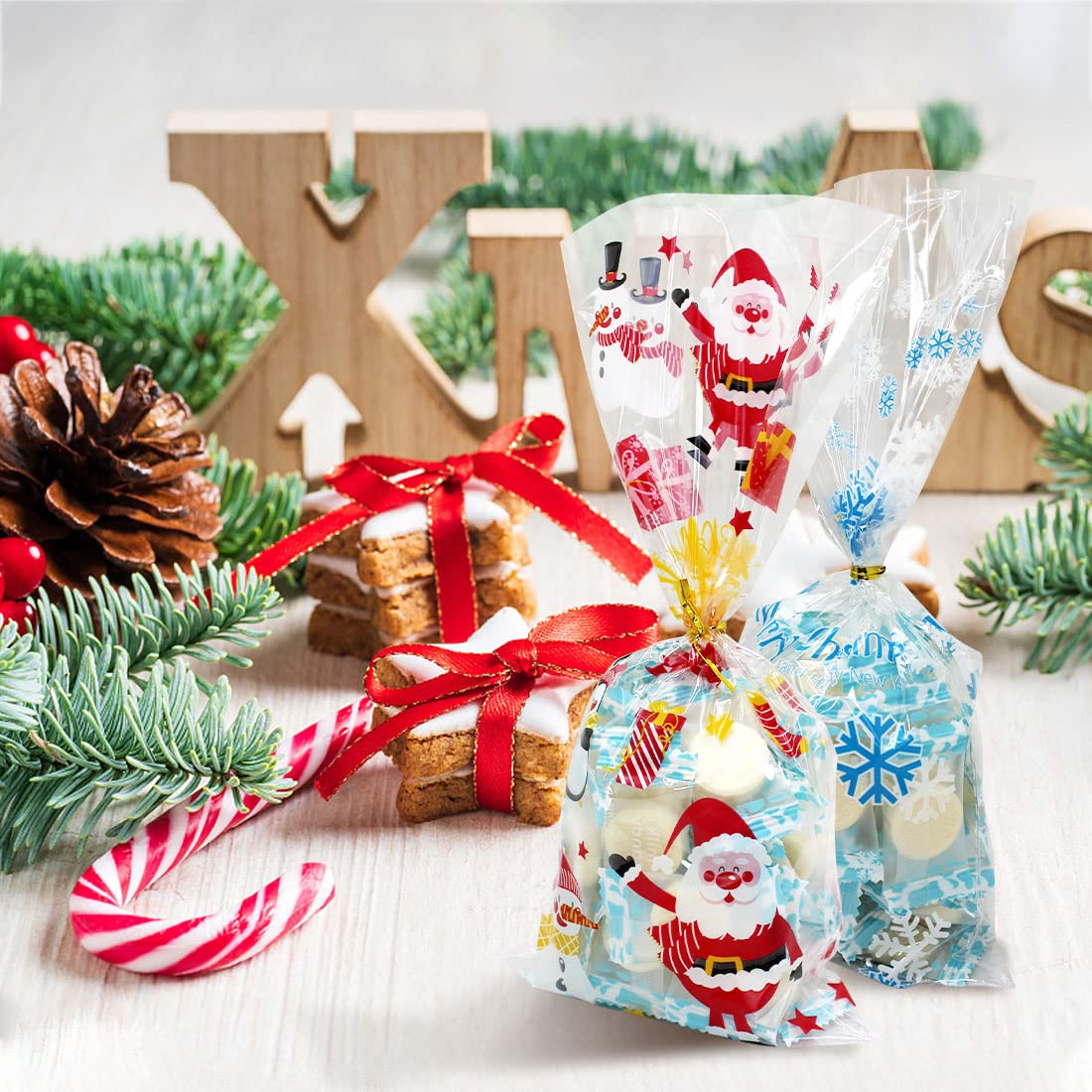 ZMCINER 120PCS Christmas Cellophane Candy Bags with Twist Ties - Holiday Party Favor Supplies for Christmas Treats, Gifts & Candy Storage | Perfect for Christmas Parties, Gift Wrapping & Holiday Celebrations