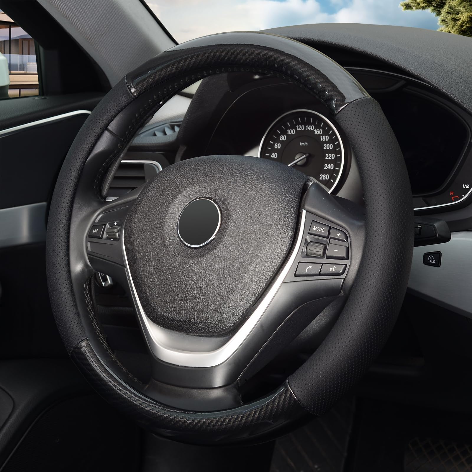 KAFEEK Classic 15 Inch Universal Carbon Fiber Steering Wheel Cover - Breathable Microfiber Leather (Black) | Perfect for Cars, Trucks & SUVs - Enhances Grip & Comfort for Daily Driving & Road Trips