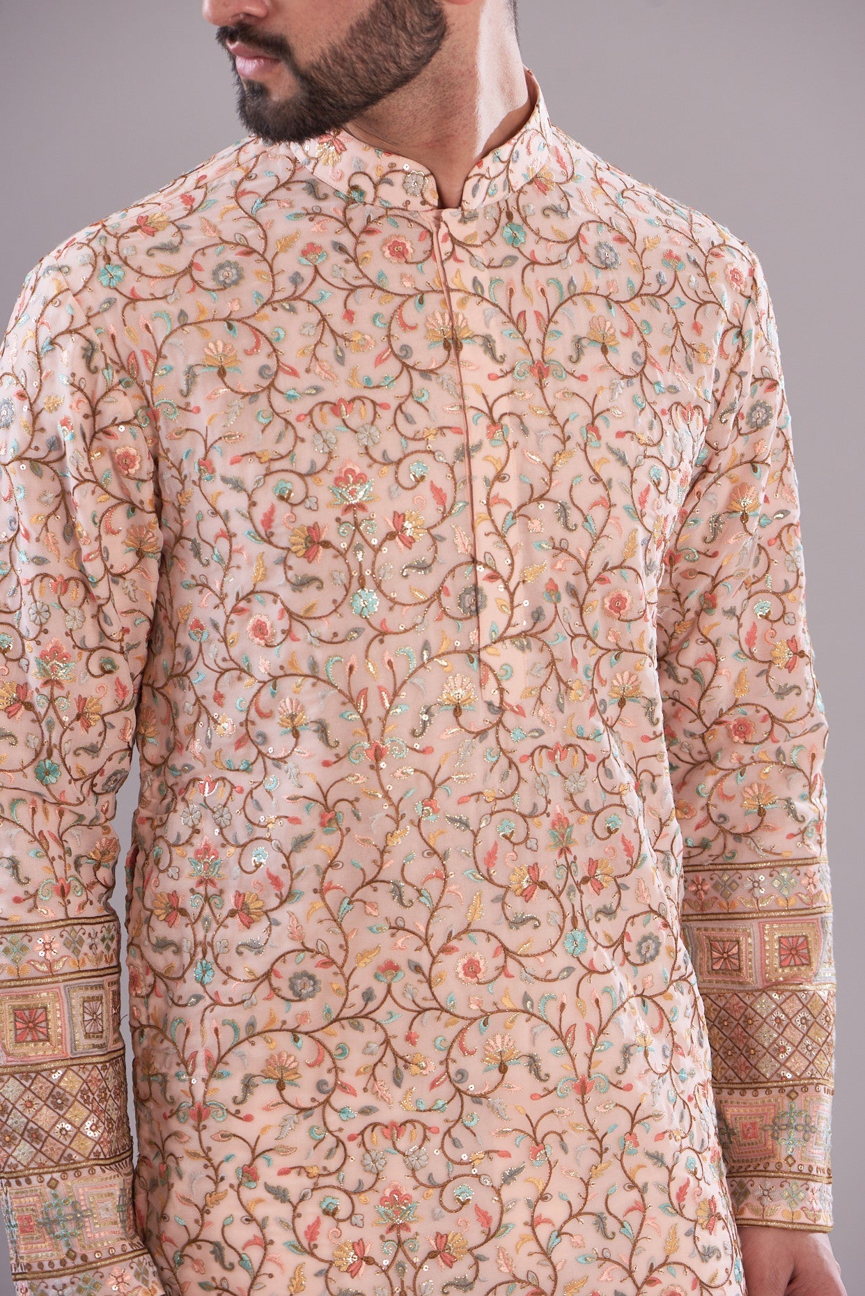 Stylish Peach Embroidered Kurta with Intricate Border - Perfect for Festivals, Weddings & Casual Wear