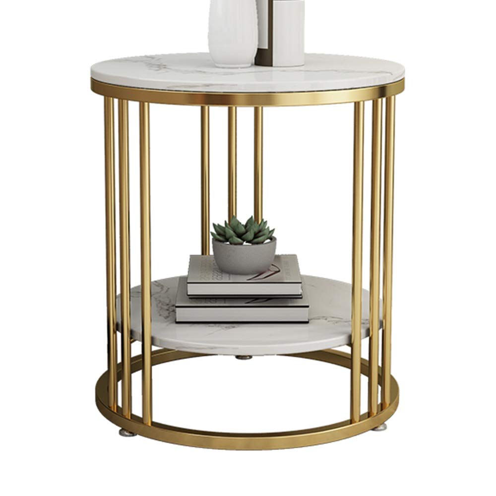 Round Marble Top Coffee Table - Adjustable Height Removable Side Table with Gold Iron Frame for Living Room & Bedroom (19.7
