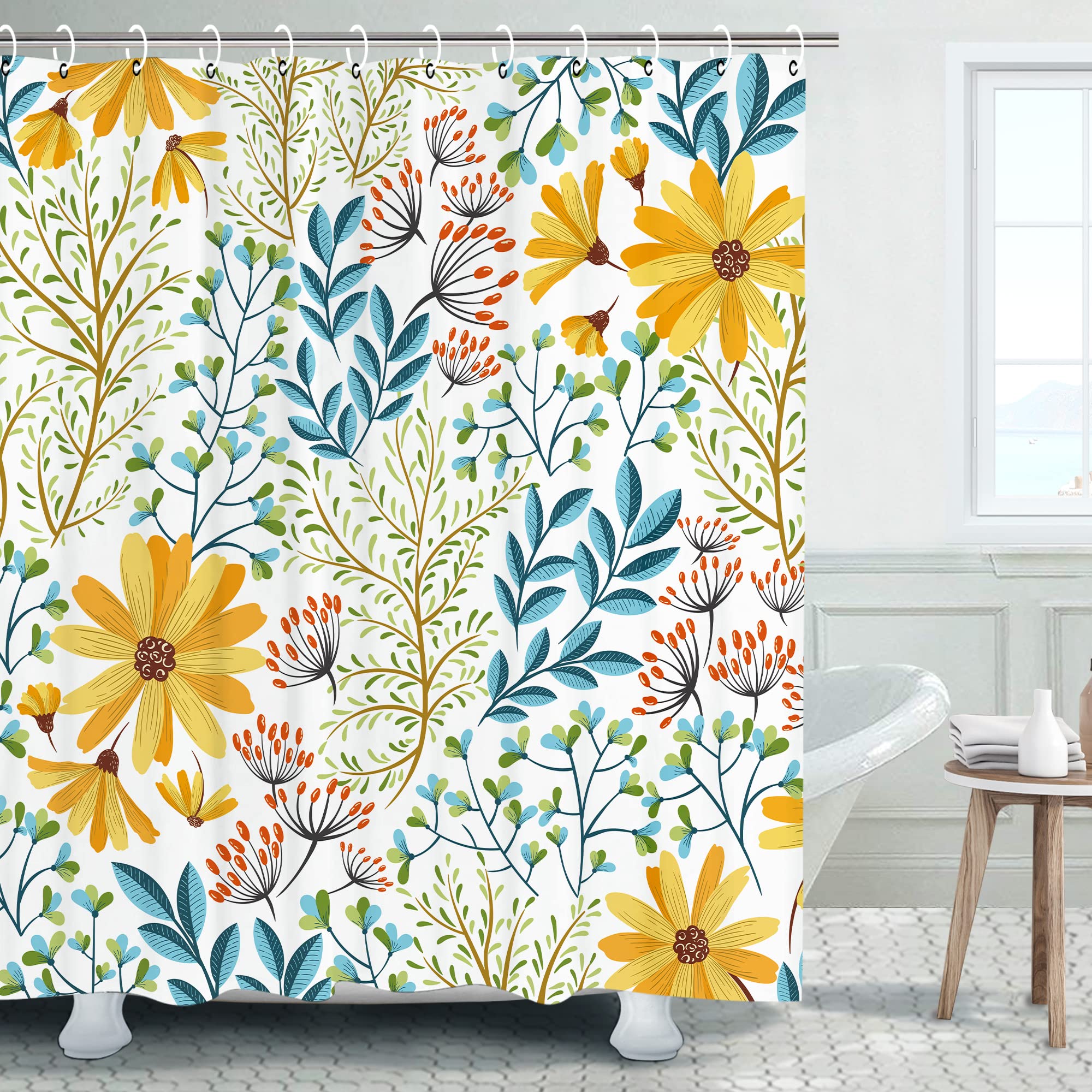 LIVILAN Floral Shower Curtain Set - Yellow & Blue Botanical Print with 12 Hooks, Waterproof Bathroom Decor (72x72 Inches) | Machine Washable for Easy Care | Perfect for Modern Farmhouse, Boho or Coastal Bathroom Themes