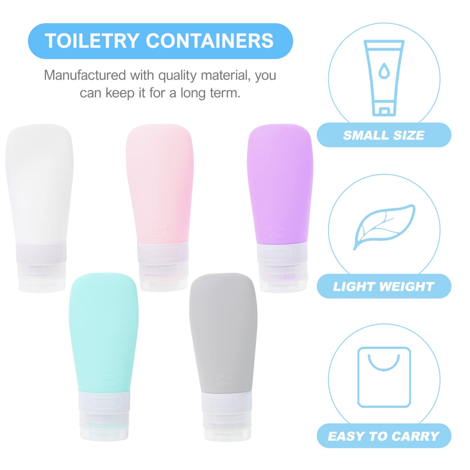 EXCEART 5-Pack Travel Size Silicone Squeeze Bottles for Shampoo, Lotion & Toiletries - Leak-Proof, TSA Approved, Portable Containers for Camping, Gym, Hiking & Outdoor Activities