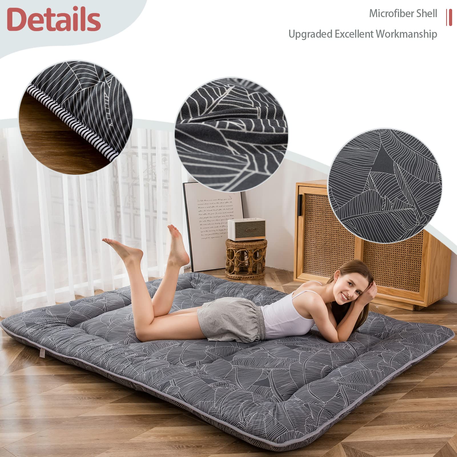 Japanese Thick Soft Floor Futon Mattress - Roll Up Sleeping Pad for Guest Room, Camping & Lounging - Twin Size Black Leaf Design - Comfortable for Home, Travel & Outdoor Use