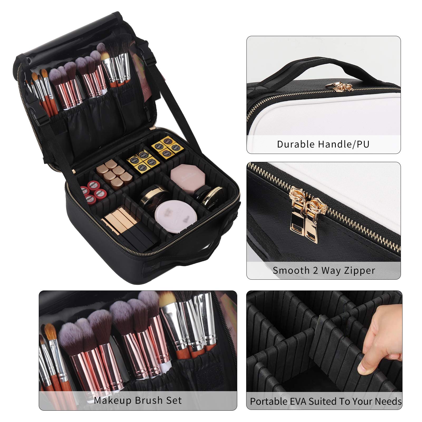 WENSEN Professional Makeup Train Case - Travel Cosmetic Organizer with Dividers for Brushes & Accessories (Black+White) | Perfect for Makeup Artists & Travel