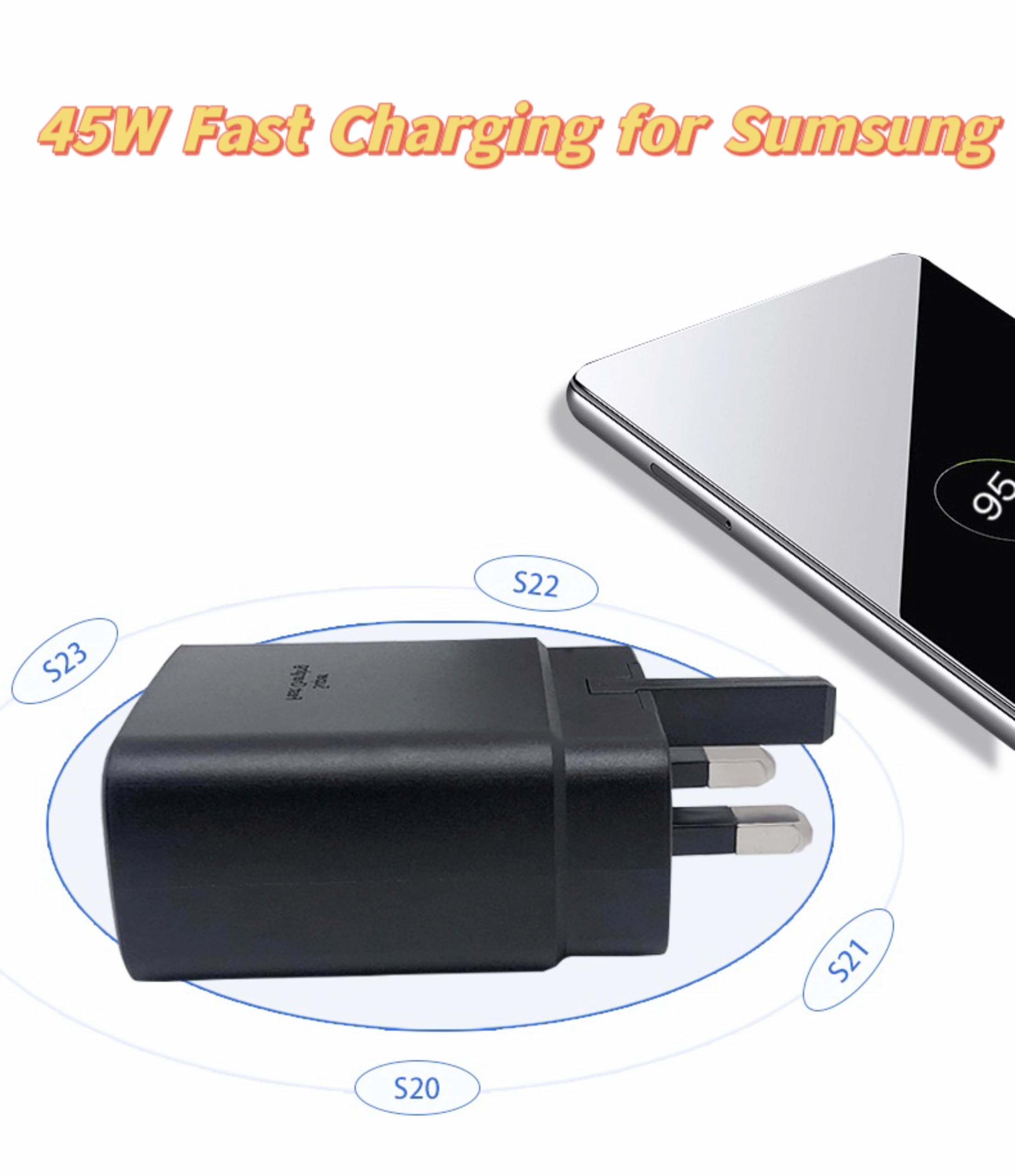 45W Fast USB-C Charger with Type C Cable & UK Adapter - Compatible with Samsung Galaxy S23/S22/S21/S20/S10, Google Pixel, Huawei & Tablets - Perfect for Travel, Home & Office Charging