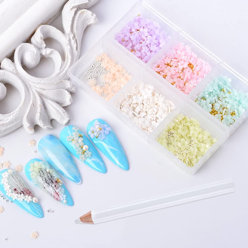 3D Flower Nail Charms & Metal Caviar Beads Set - Gold Silver Acrylic Resin Nail Art Decorations with Pickup Pencil for DIY Nail Design | Perfect for Manicures, Nail Salons & Home Nail Art Projects