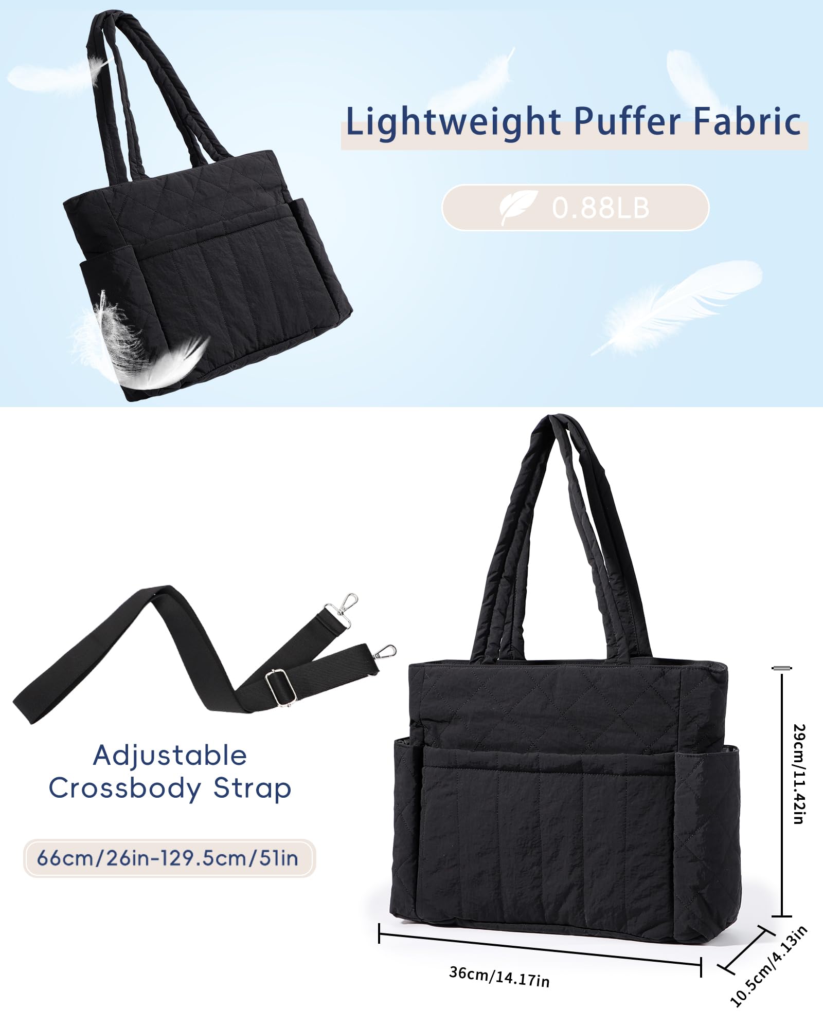 Quilted Puffer Crossbody Tote Bag for Women - Adjustable Strap, Lightweight Shoulder Bag - Perfect for Work, Travel & Daily Use - Stylish Gift Idea for Her