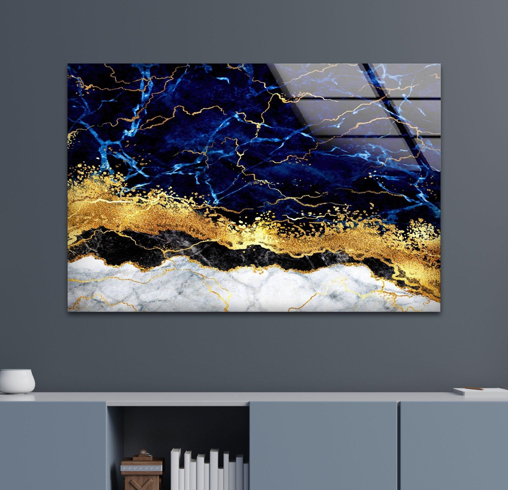 Blue Marble Alcohol Ink Glass Wall Art - Handmade Abstract Home Decor for Living Room, Bedroom & Office