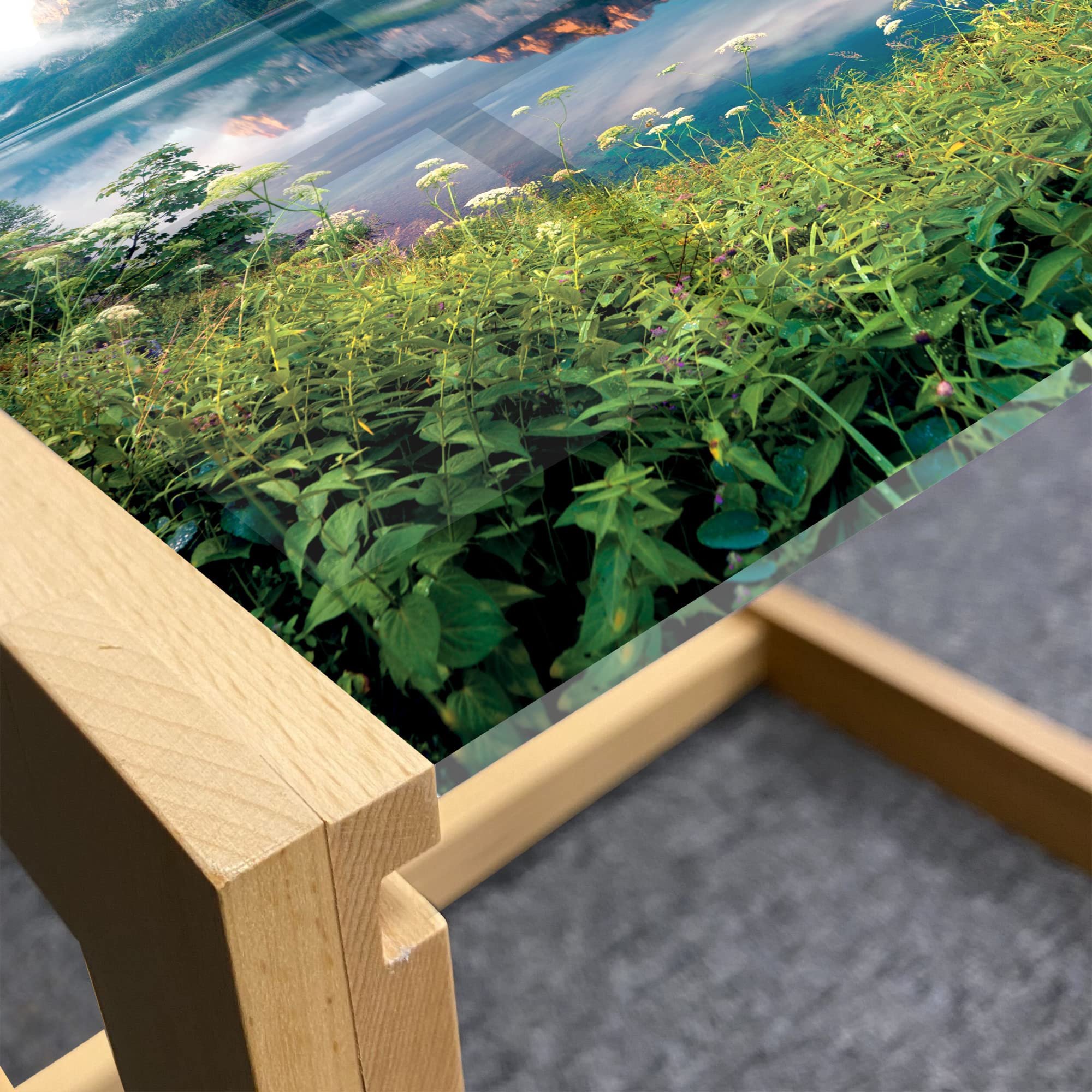 Ambesonne Mountain Coffee Table - Sunny Summer Morning on Lake Austrian Alps with Crystal Mirroring Water, Acrylic Glass Center Table with Wooden Frame for Living Room, Office, Dorm - Large Green Blue Peach Design - Perfect for Home Decor, Modern Spaces & Cozy Gatherings