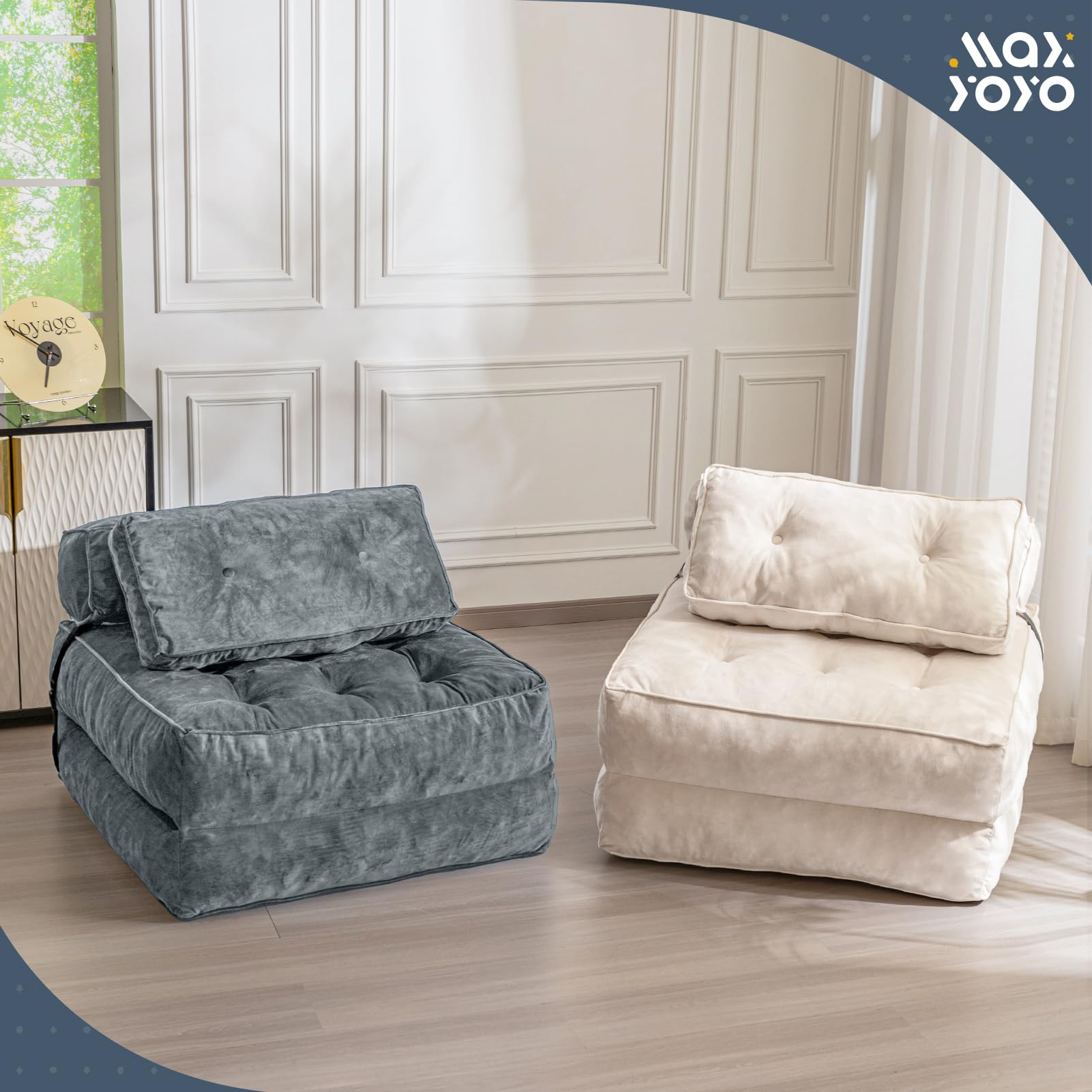 MAXYOYO Velvet Convertible Folding Sofa Bed - Dark Grey Sleeper Chair with Pillow | Portable Fold Out Guest Bed for Small Spaces, Living Room & Dorm Room