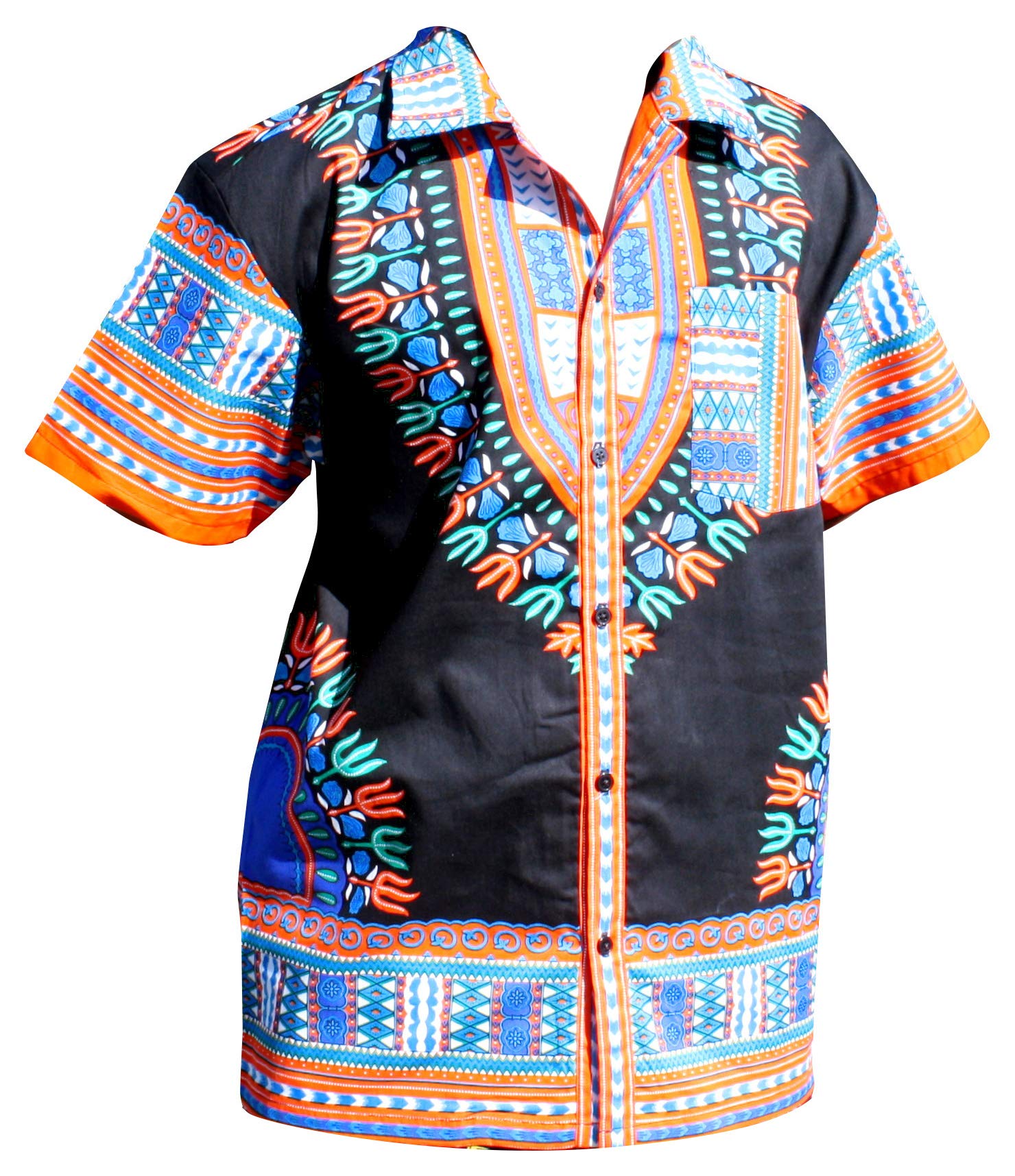 RaanPahMuang Men's Hawaiian Shirt - 100% Cotton African Dashiki Print Shirt with Large Collar | Beach Vacation, Summer Party & Casual Wear