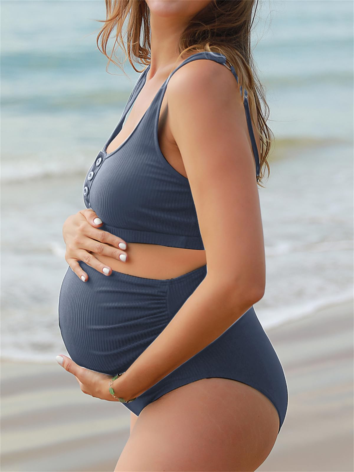 Summer Mae Maternity Ribbed High Waist Bikini Set - Pregnancy Swimwear Two Piece with Crop Top & High Cut Bottoms | Perfect for Beach Vacations, Pool Parties & Maternity Photos