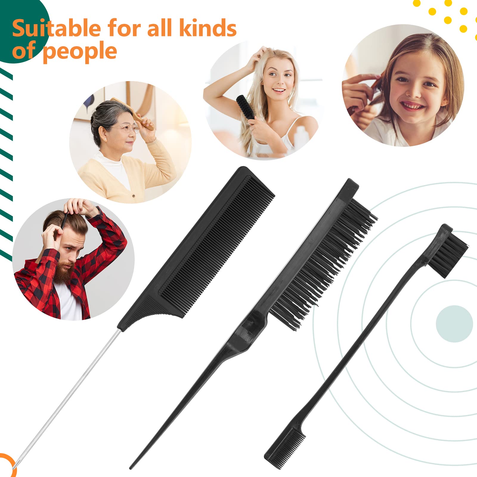 Greoer 3-Piece Hair Styling Comb Set - Slick Brush, Teasing Comb & Tail Comb for Men & Women | Professional Hair Color Highlighting Tools, Black Plastic Grooming Combs with Edge Bristle Brush | Perfect for Salon Styling, Home Hair Care & DIY Coloring