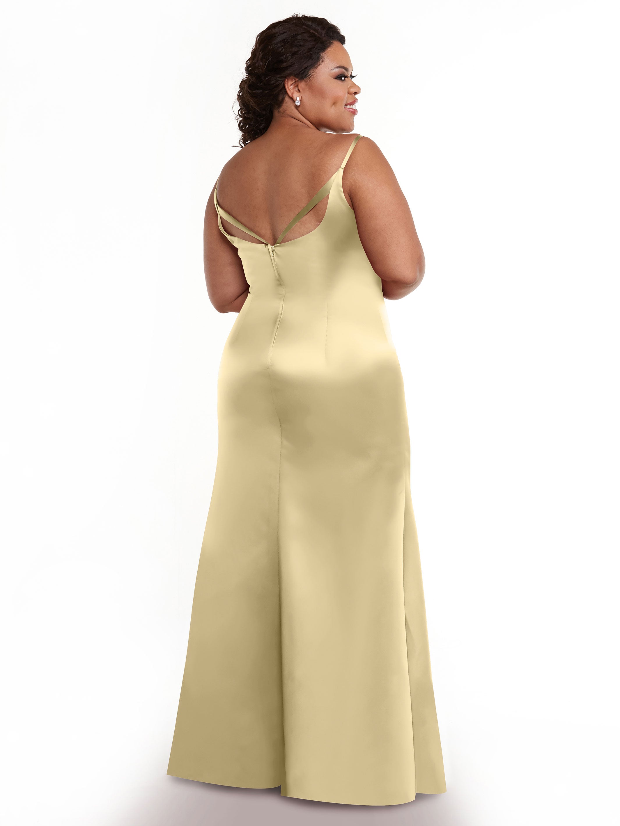 Elegant 80132 Fit and Flare Satin Bridesmaid Dress with High Slit - Perfect for Weddings, Prom, and Formal Events