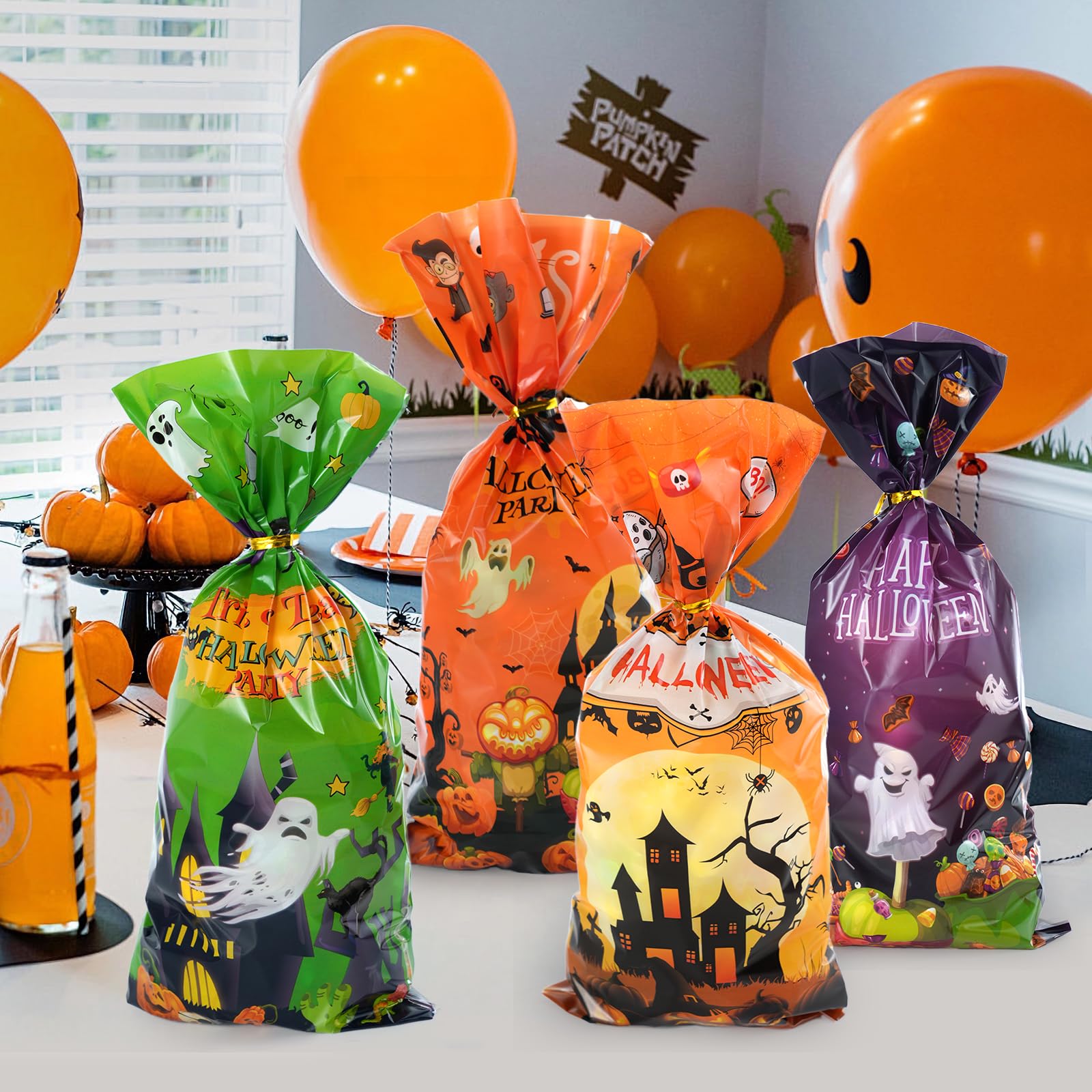 Halloween Cellophane Treat Bags 150 Pcs - 12 Styles Trick or Treat Candy Bags with Twist Ties for Halloween Party Favors, Goodie Bags & Gift Bags - Perfect for Halloween Parties, Classroom Treats & Neighborhood Trick-or-Treating