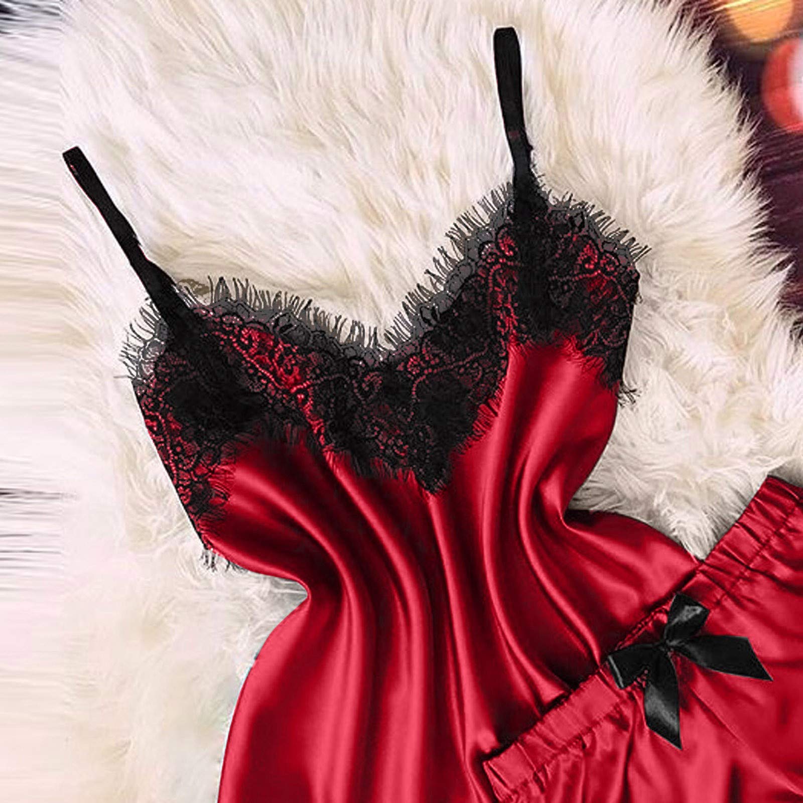 Sexy Lace Camisole & Shorts Pajama Set for Women - V-Neck Bowknot Eyelash Lingerie in Plus Sizes | Perfect for Sleepwear, Boudoir & Romantic Nights