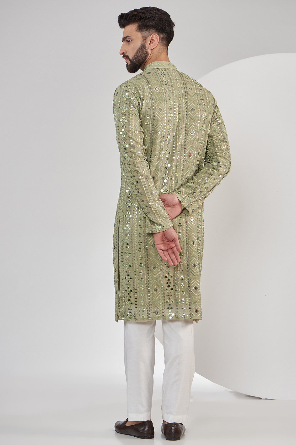 Exquisite Mehndi Green Mirror Work Kurta for Women – Traditional Indian Embroidered Tunic Top for Festivals & Weddings