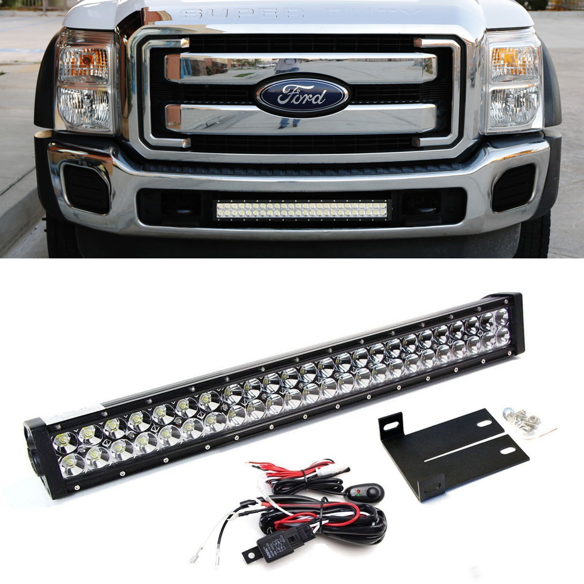 144W 25 LED Light Bar with Lower Bumper Brackets & Wiring Harness for 2011-2016 Ford F250 F350 Super Duty - Off-Road, Fog Lights, Night Driving, Truck Accessories