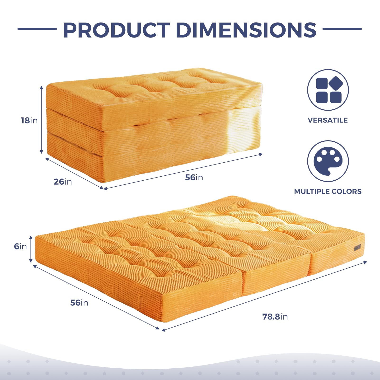 6 Inch Tri Fold Mattress - MAXYOYO Tufted Folding Foam Bed with Breathable Corded Fabric, Full Size, Orange | Perfect for Guest Beds, Camping, Dorms & Small Spaces